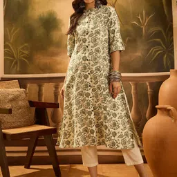 Sangria Floral Printed Mandarin Collar Pure Cotton A-Line Kurta-picture-34