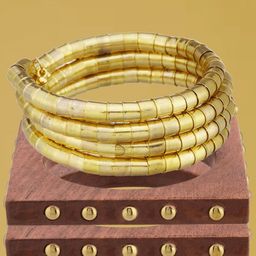 ATIBELLE Set Of 3 Gold-Plated Beaded & Round-Square Twisted Shaped Wooden Bangles-7