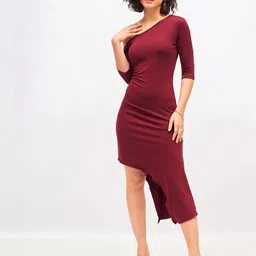 SASSAFRAS Women One Shoulder Ruched Detailed Bodycon Midi Dress-image-52
