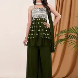 PARROT CREATION Floral Embroidered Sequinned Square Neck Kurti with Sharara & Dupatta-image-88