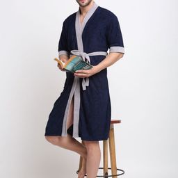 Creeva Everyday Navy Blue & Grey Kimono Collar Bath Robe-56
