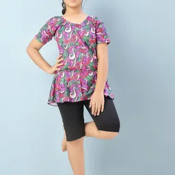 BAESD Girls Abstract Printed Full Coverage Swimwear With Attached shorts.-22