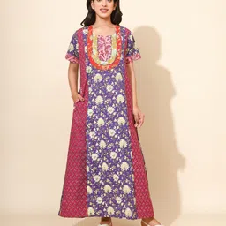 YELLOW BLOOM Women Pure Cotton Floral Printed Maxi Nightdress-picture-17