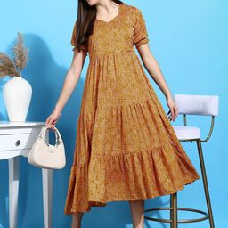 Moda Rapido Women Mustard Printed Polyester PU Coated Fit and Flare Dresses-picture-9