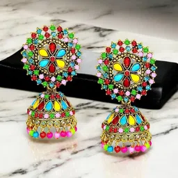 De-Ultimate Gold-Plated Artificial Stones Studded & Beads Beaded Dome Shaped Jhumkas-23