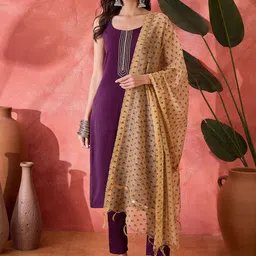 Sangria Self Design Scoop Neck Gotta Patti Straight Kurta & Trousers With Dupatta-picture-9