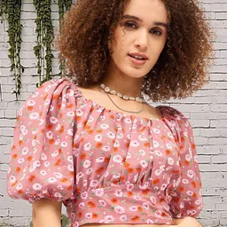 DressBerry Floral Print Puff Sleeve Cotton Crop Top-picture-34