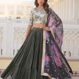 Fashion Basket Floral Sequinned Unstitched Lehenga & Ready To Wear Blouse With Dupatta-picture-24