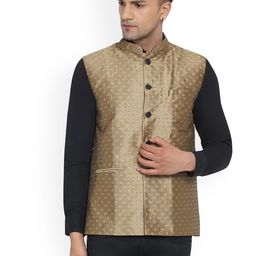 VEERA PARIDHAAN Printed Jacquard Design Mandarin Collar Nehru Jacket-image-31