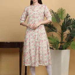 KALINI Floral Printed Three-Quarter Sleeves Regular Pure Cotton Straight Kurta-image-8