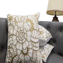 Good Vibes Gold-Toned & White 3 Pieces Floral Velvet Square Cushion Covers-33