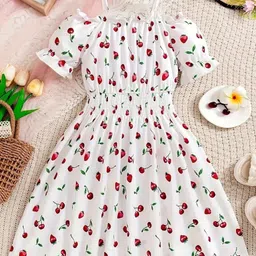 White World Girls Print Puff Sleeve Fit & Flare Dress-image-63
