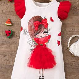 YK Girls Round Neck Graphic Print Flutter Sleeves A-Line Dress-picture-5