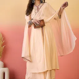 Sangria Embroidered Detailed V- Neck Kurta, Palazzo & Dupatta Set-16