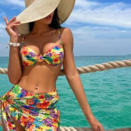 Plus Curvves Women Tropical Printed Swim Bikini Set With Skirt-66