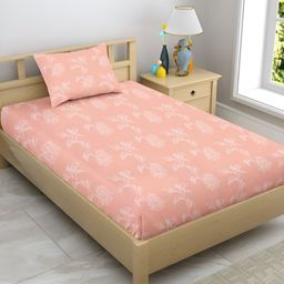 Enchant Home Peach-Coloured Floral 210 TC Single Bedsheet with 1 Pillow Covers-image-24