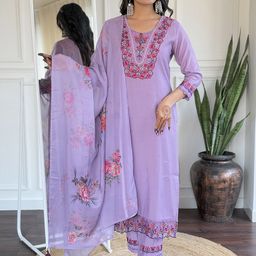 URMIR FASHION Floral Yoke Design Thread Work Straight Kurta With Trousers & Dupatta-image-83