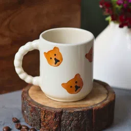 WEAVING HOMES White & Orange Teddy Bear Printed Ceramic Glossy Mug-250 ml-23