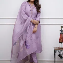 Wedani Floral Embroidered Thread Work Pure Cotton Straight Kurta with Trouser And Dupatta-28