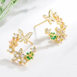DressBerry Gold-Plated Artificial Stones Studded Floral Hoop Earrings-18