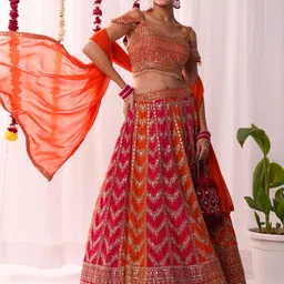 Chhabra 555 Embellished Georgette Cold Shoulder Sleeve Choli & Lehenga With Dupatta-picture-22