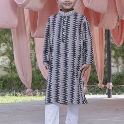Stuffie Land Boys Chevron Printed Band Collar Kantha Work Pure Cotton Kurta With Trousers-79