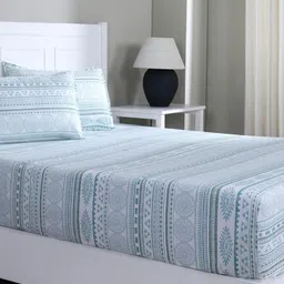 MASPAR Teal & White Printed Pure Cotton 144TC Double Bed Fitted Bedsheet Set 1.83 x 1.98 m-26