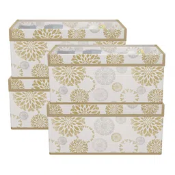 Kuber Industries White & Gold Toned 4 Pieces Printed Storage Box Organisers With Lid-9
