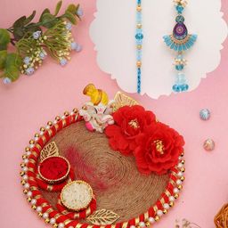 Aapno Rajasthan Set Of 2 Studded & Beaded Rakhi With Thali Roli Chawal & Greeting Card-image-35