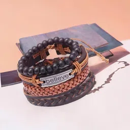 Brown Beaded Belive Leather Bracelet For Men (Pack of 4)-image-38