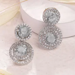 KARATCART Silver-Plated Circular American Diamond Drop Earrings-image-68