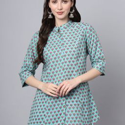 BAESD Floral Print Mandarin Collar Roll-Up Sleeves Ethnic Cotton Top-image-58
