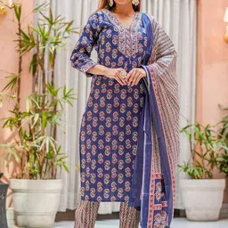 KALINI Women Ethnic Motifs Printed Regular Thread Work Pure Cotton Kurta with Trousers & With Dupatta-22