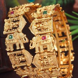SGA FASHION Set Of 2 Gold-Plated American Diamond Studded Temple Bangles-image-80