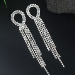 StyleCast Silver-Plated Rhinestone Studded Tasselled Teardrop Shaped Drop Earrings-image-51