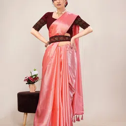 Kandora Satin Belted Saree With Unstiched Embroidered Blouse Piece-image-61