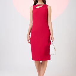 Globus Scuba Women Cut Out Detail Boat Neck Solid Back Slit Midi Sheath Party Dress-image-49
