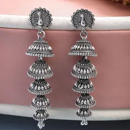 Anouk German Silver-Plated Oxidised Traditional Peacock Dome Shaped Jhumkas-image-92
