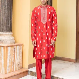 PATR Quirky EmbroideredThread Work Mandarin Collar Cotton Silk Straight Kurta-picture-32