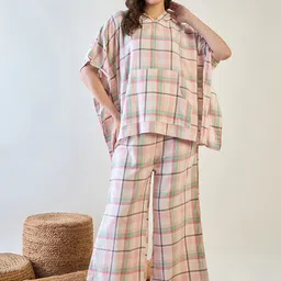 The Kaftan Company Women Checked Hooded Pure Cotton Night suit-image-24