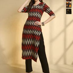 HERE&NOW Selection Of 3 Chevron Printed Round Neck Straight Kurta-image-27