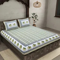 BED-SHEET.COM Green & White Floral 144 TC King Bedsheet with 2 Pillow Covers-picture-16