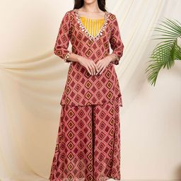 DEEBACO Printed V Neck Kurti, Top & Palazzo Co-Ords Set-image-95