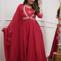 Foxent Women Solid Embroidered Cotton Kurta with Trousers & Dupatta-picture-55