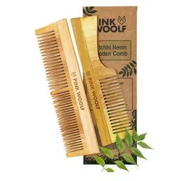 PINK WOOLF Set Of 2 Neem Wooden Comb With Dual & Wide Tooth image 1