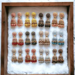 Anouk Set Of 12 Gold Plated Artificial Stones & Beads Contemporary Jhumkas Earrings image 2