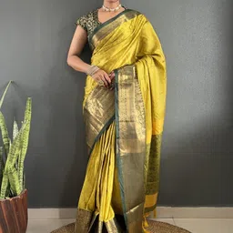 Mustard Cotton Silk Zari Weaving Saree with Unstitched Blouse Piece-35
