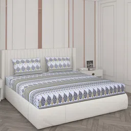 Monte Carlo White & Blue Printed 104 TC Cotton Queen Bedsheet with 2 Pillow Covers-picture-11