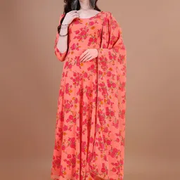 Raiyani Enterprise Floral Printed Fit & Flared Maxi Ethnic Dress With Dupatta-image-94