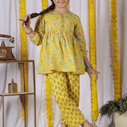 NEUDIS Girls Floral Printed Regular Pure Cotton Kurta with Trousers-picture-13